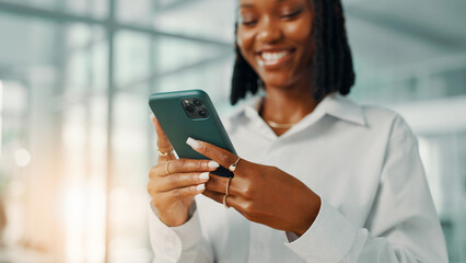 Office, black woman and hands with smartphone for chat, communication and contact for networking. Flare, business person and consultant with mobile app for website, text and comment on social media