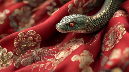 Obraz premium Green snake rests on ornate red fabric