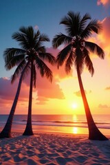 Palm trees standing alone on a sandy beach at sunset, ocean, golden hour