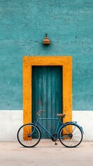 Teal wall, yellow frame door, blue bike