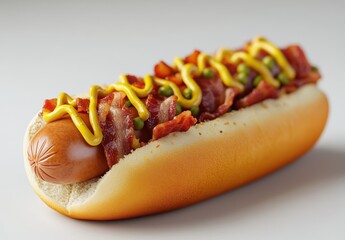 Delicious hot dog topped with crispy bacon, mustard, and fresh green condiments, perfect for summer barbecues or casual dining experiences