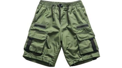 Stylish green cargo shorts isolated on transparent background featuring multiple pockets and zips