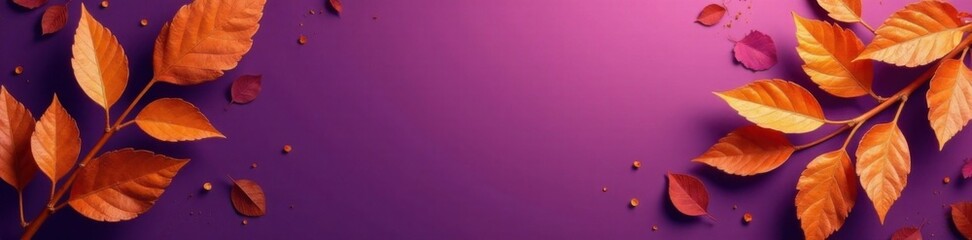 Obraz premium Pattern of dry orange metallic leaves on violet background , floral, vibrant , foliage