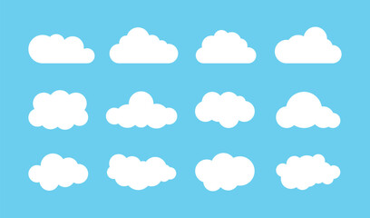 White clouds flat shapes set. Abstract weather icons on blue sky background.