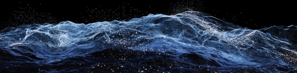 3d render of blue and glowing orange dots on wavy lines in the air, black background, futuristic landscape
