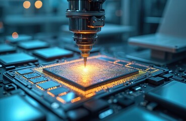 Robotic arm manipulates silicon wafer for semiconductor manufacturing. Microchip production, integrated circuit assembly. AI, machine learning, quantum computing, nanotechnology, and hardware tech.