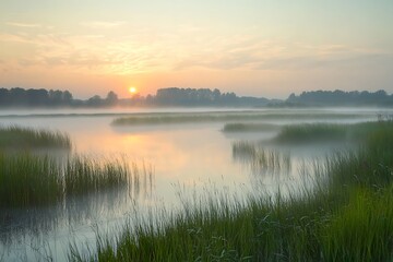 Fototapeta premium Ethereal hush of marsh at morning light displays a wondrous blend of foggy wetlands lofty blades and tender glow of new sun in this calm landscape 