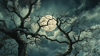 Eerie moonlit night with gnarled tree branches silhouetted against a stormy sky - Powered by Adobe