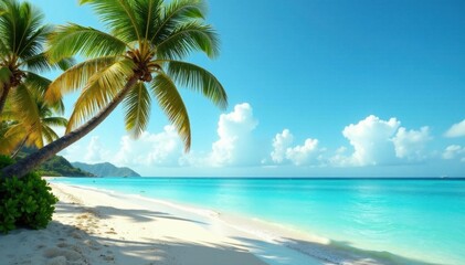 Fototapeta premium Seaside scenery of palm trees swaying in the breeze amidst turquoise water and warm sandy shore, palm tree, film