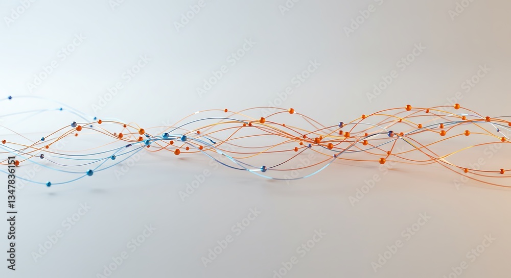 Poster wavy lines spheres connecting data network flow abstract 3d render