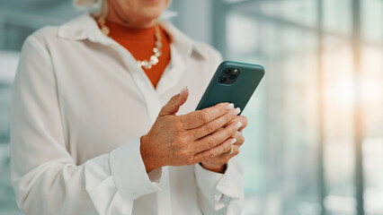 Hands, smartphone and research in office, online and monitoring social media performance or browsing. Digital, marketing manager and person with tech for website, scroll and campaign for business