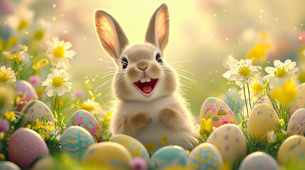 Cute Happy Easter Bunny Rabbit Colorful Eggs Spring Flowers Cheerful Holiday Illustration Pastel Colors