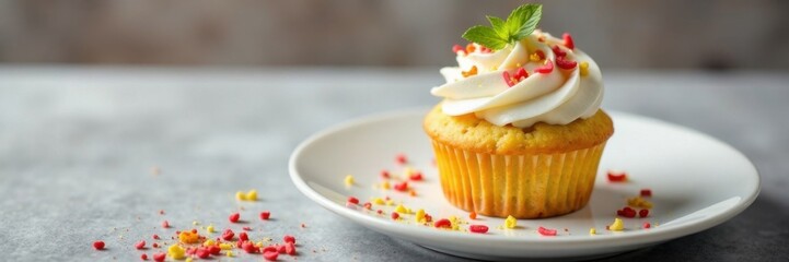 Single serving dessert on white plate, colorful cupcake toppings, birthday cupcake, desserts