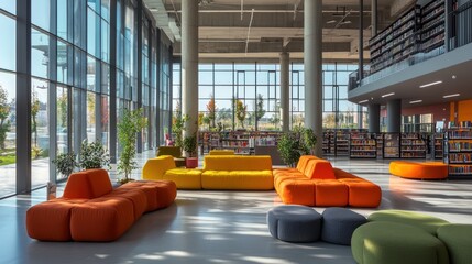 Modern Library Interior Design:  Spacious Reading Room with Colorful Modular Seating and Large Windows