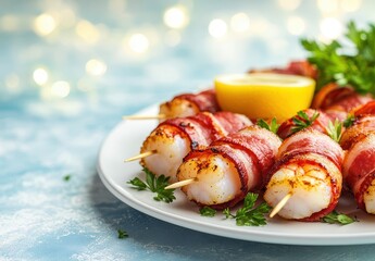 Deliciously Grilled Shrimp Wrapped in Crispy Bacon Served with Fresh Lemon on a White Plate Against a Soft Blue Background