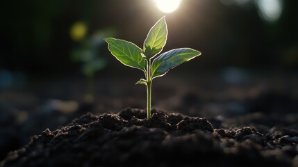 Young sprout emerging from soil, bathed in sunlight (2)