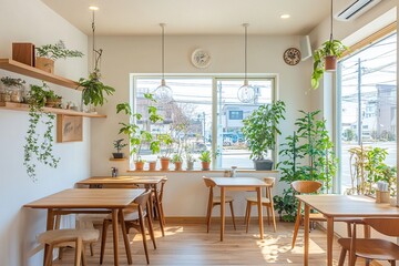 Wooden Tables and Chairs in a Sunlit Cafe with Abundant Indoor Plants Creating a Serene Atmosphere