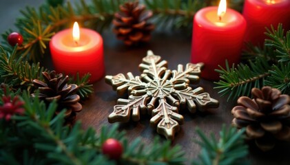 Snowflake ornament surrounded by candles, pinecones and evergreen branches, branch, evergreen, ornaments