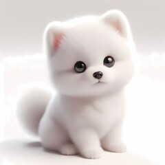 Obraz premium Adorable 3D baby Japanese Spitz puppy with fluffy white fur, isolated on white.