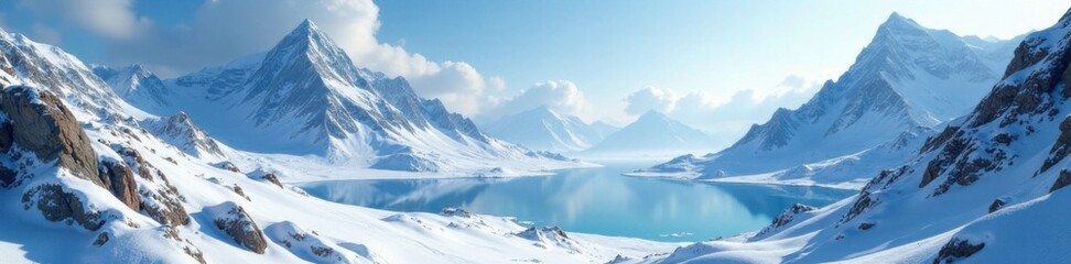 Snowy asteroid landscape with frosty mountains and frozen lake, snow, frozen lake