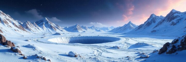 Snowy asteroid landscape with frozen craters and icy mountains ,  celestial,  mountain