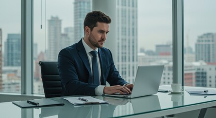 A focused businessman in a suit works on a laptop in a modern office, with large windows showing a skyline. His desk has papers and a coffee cup, creating a professional atmosphere.