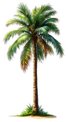 Obraz premium A tall, lush tropical palm tree with a sturdy brown trunk and vibrant green fronds, isolated on a transparent background. The leaves should be slightly curved, showing a natural wind-swept effect.