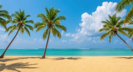 A stunning tropical beach scene featuring swaying palm trees along a golden sandy shore, met by vibrant turquoise waters under a clear blue sky. Ideal for travel and relaxation themes.