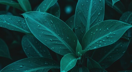 Fototapeta premium Vibrant green leaves with water droplets create a lush, refreshing look. The rich textures and colors evoke nature and tranquility, perfect for wellness and gardening themes.