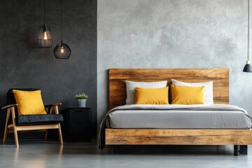 A modern bedroom shows decor with a wooden bed and chair