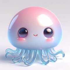 Charming 3D-rendered baby jellyfish floating on a white background with a translucent body.