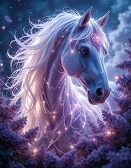 Naklejka premium photography painting luminism , close up ultra detailed big royal purple white-haired neon glowing celestial horse looking at camera, lilac flowers