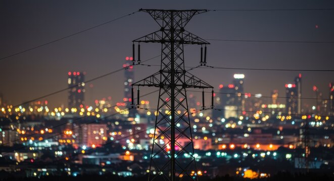 A striking image featuring a silhouetted power tower against a dazzling city skyline at night. Bright city lights create a vibrant, colorful backdrop, showcasing urban energy and modernity.