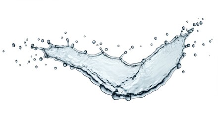 A dynamic splash of clear water creates an artistic effect on a pristine white background, showcasing the beauty of water in motion. Perfect for themes of purity and hydration.