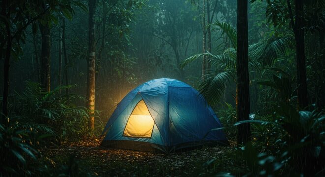 A vibrant blue tent glows in a lush rainforest as rain pours down, creating a serene atmosphere. Perfect for camping enthusiasts and nature lovers.
