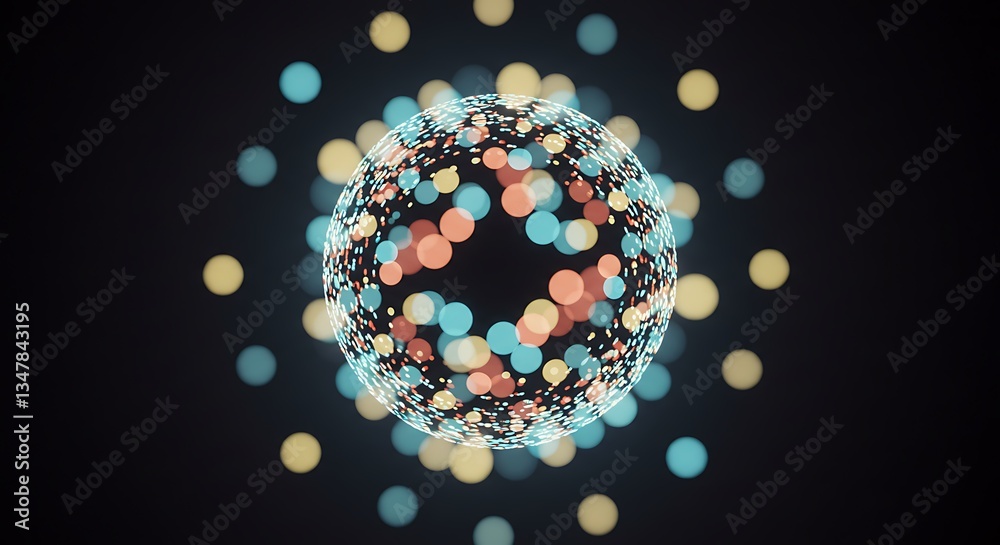 Poster abstract glowing sphere of colorful bokeh dots digital background 3d render