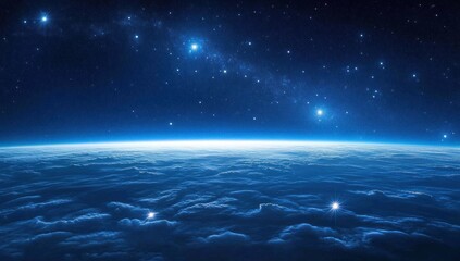 Fototapeta premium Cosmic view of Earth's atmosphere from space, stars and Milky Way in background. Possible use for educational material or space exploration theme