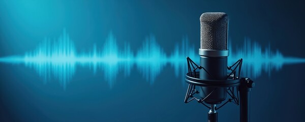 Podcast microphone with sound waves on blue background. Audio recording equipment for voice recording. Professional mic for content creation. Digital audio, online podcast studio banner.