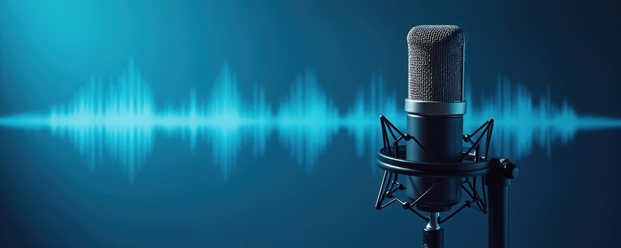 Podcast microphone with sound waves on blue background. Audio recording equipment for voice recording. Professional mic for content creation. Digital audio, online podcast studio banner.
