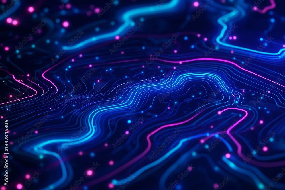 Poster Futuristic neon lines flowing across dark background creating abstract landscape