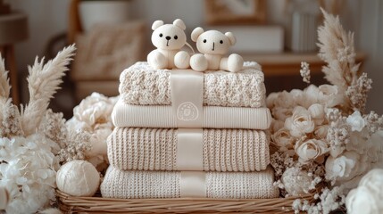 Cream knitted baby blankets & plush bears