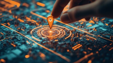 Naklejka premium Hand Pointing at Orange Glowing Location Pin on Detailed Abstract Map for Navigation and Route Planning
