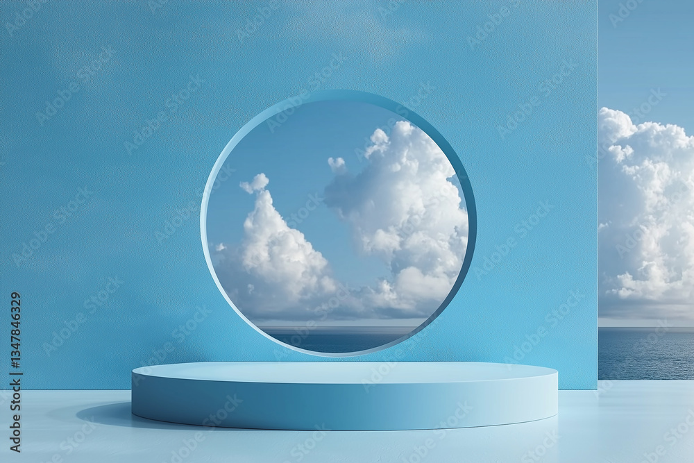 Aufkleber Blue minimalist podium displaying clouds and ocean through circular window