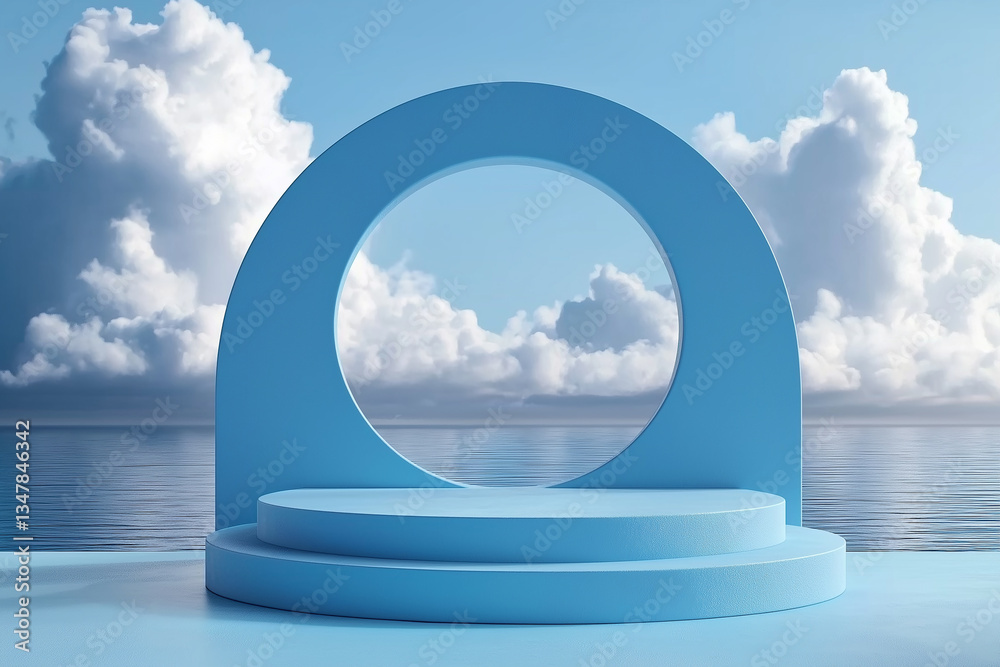 Poster blue podium with circle frame overlooking ocean and clouds, showcasing product placement potential