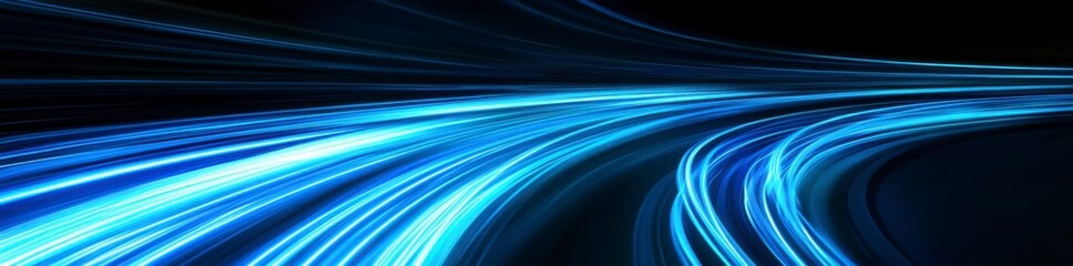 Abstract blue, glowing light speed lines in curved motion on a black background