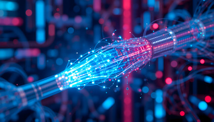 A fiber optic cable transmits fast data with glowing light pulses.