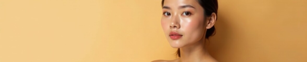 Obraz premium Stunning Asian model posing in natural light with flawless skin and glowing complexion on beige background, radiant glow , model