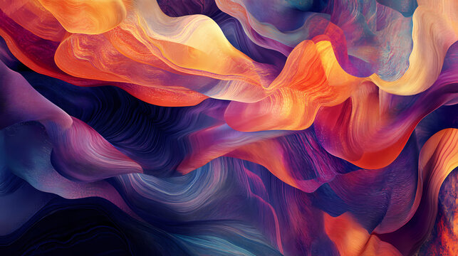 A stunning composition of colorful layers and textures that blends warm and cool tones, showcasing an abstract design infused with depth and intricate patterns. Shadow Infused. Illustration