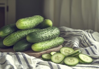 Fresh and Crisp Cucumbers Stacked and Sliced on a Wooden Board with Soft Natural Lighting and Striped Cotton Fabric Background
