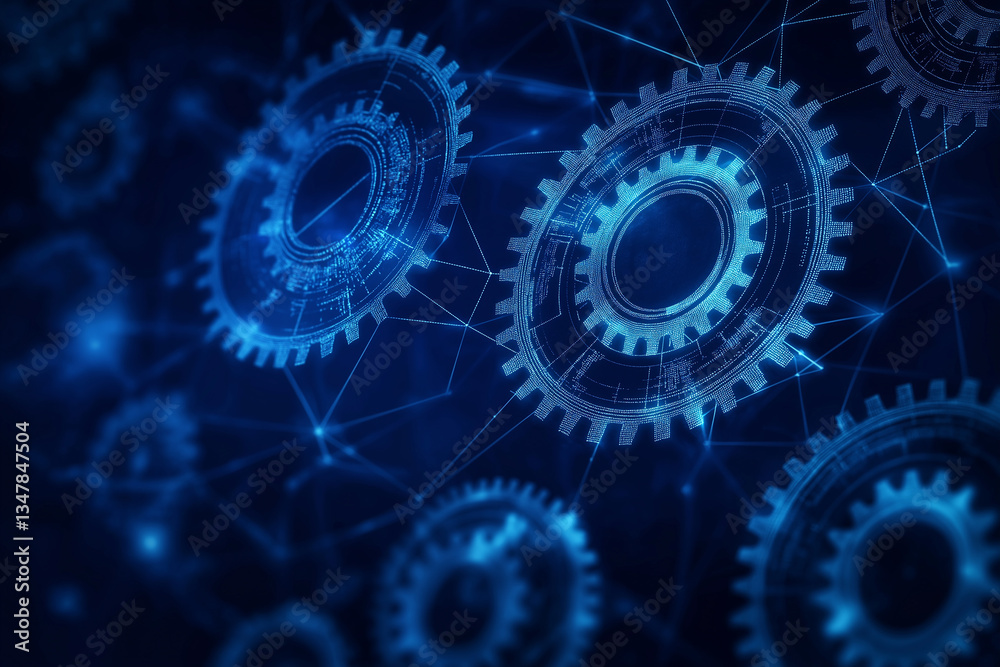 Poster digital gears rotating and connecting, symbolizing technology and teamwork